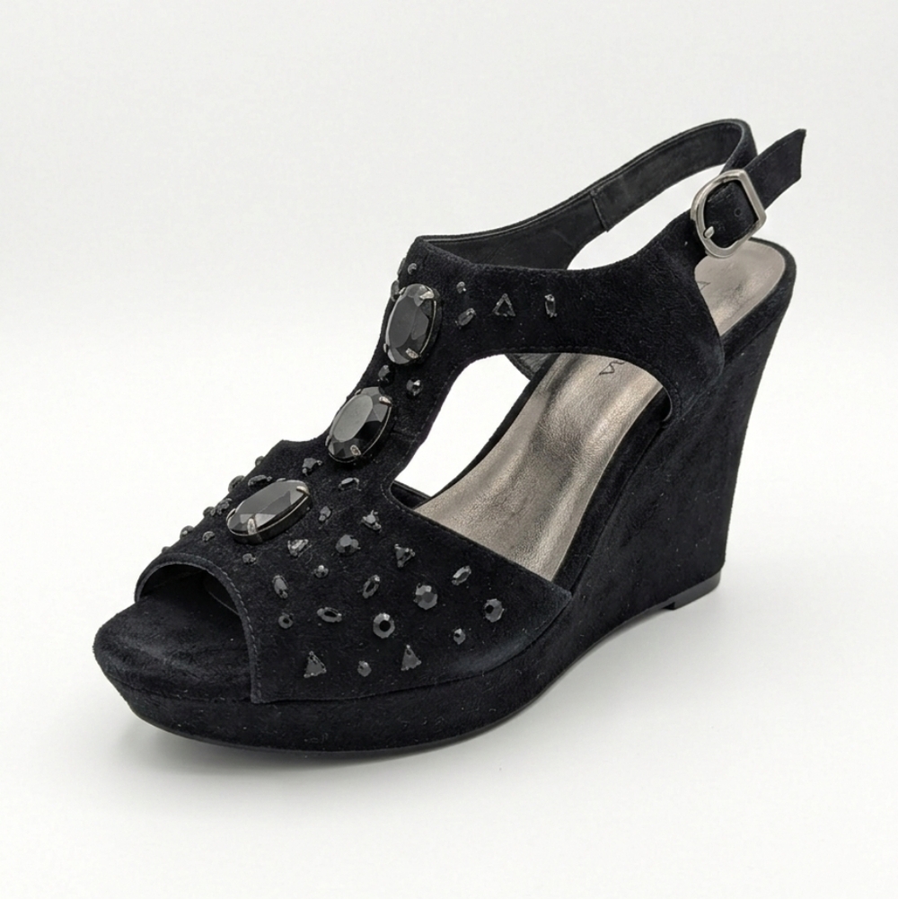 Reba Black Suede Jeweled Wedge Ankle Strap Sandals Size 10